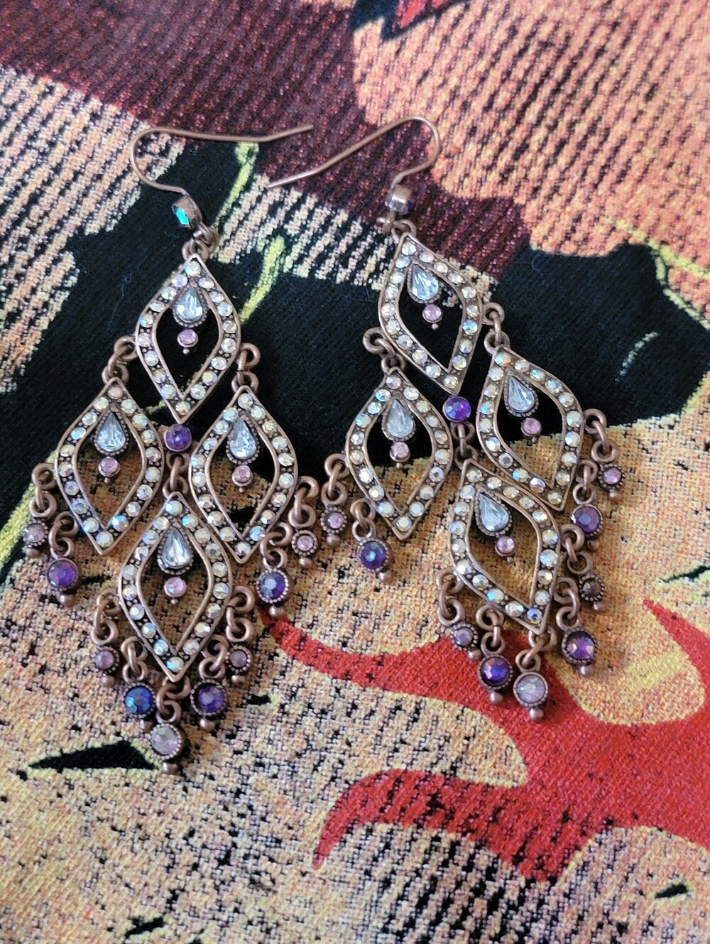 Bohemian Filigree Chandlier Dangle Earrings in Purple Pinkand Iridescent Crystal - Picture 4 of 8
